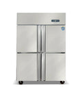 Go-To Commercial Upright Freezer Fridge, Slick Stainless Steel Four Door Cold Storage Cabinet, front view with smooth finish.