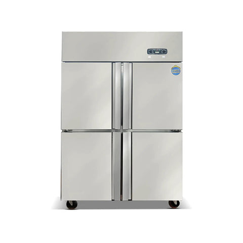 Go-To Commercial Upright Freezer Fridge, Slick Stainless Steel Four Door Cold Storage Cabinet, front view with smooth finish.