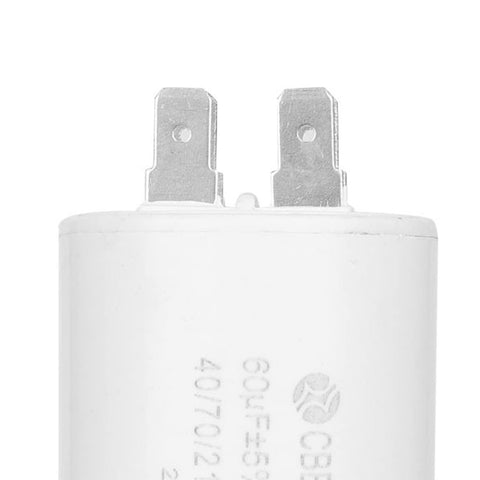 Top view of 60uF 250V Motor Run Capacitor for Washers, Pumps and Air Compressors showing terminals and cylindrical design.