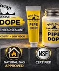 All Purpose Pipe Dope Pro Grade Thread Sealant With High Viscosity And Low Odor For All Piping Types Soft Set Formula Yellow 1 Fl Oz Tube Safe For Potable Water And Natural Gas Lines displayed next to a larger container with icons for leak-proof seal and natural gas approval