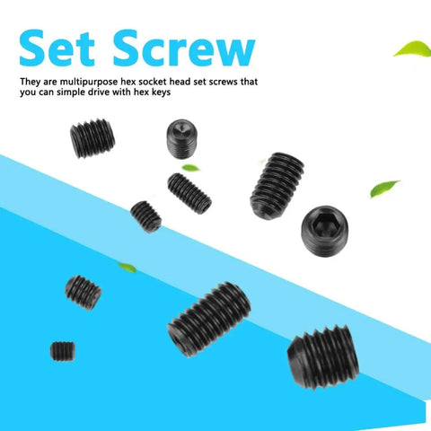 Beefy Socket Head Hex Grub Screw Set Assortment Kit 12.9 Grade Stainless DIN 916 Metric Sizes M3 to M8 Heavy Duty Fasteners for Machinery Repair and Metalworking Great for Fixtures Handles and DIY Projects, black set screws