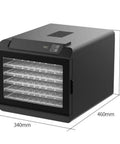 Heavy Duty Six Layer Electric Food Dehydrator For Fresh Fruits Veggies Beef Jerky And Homemade Pet Snacks Featuring Quiet Motor And Fast Dry Modes, front view with dimensions.