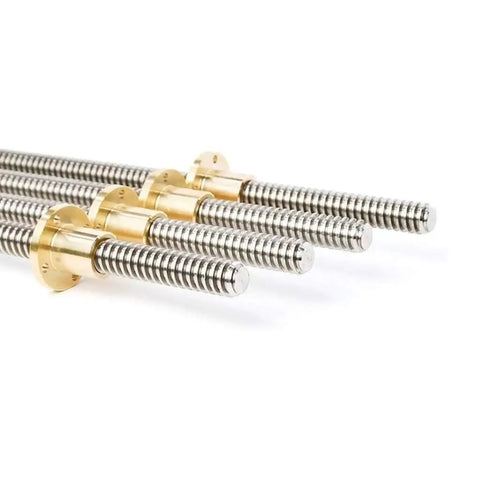Stainless Steel T12 Trapezoidal Lead Screw With Brass Nut, 10mm Diameter, 3mm Pitch, 3mm Lead For Smooth No-Fuss Precise Motion In Stepper Motors, 3D Printers, CNC Machines And Guide Rails, Lengths From 100mm To 1000mm. Stainless steel T12 lead screws with brass nuts shown in different lengths.