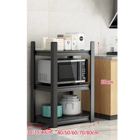 Flat Out Sturdy Heavy Duty Storage Shelf Rack Adjustable Multi Tier Metal Shelving Unit for kitchen use with microwave, 80cm tall.