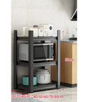 Top Shelf Heavy Duty Metal Storage Rack, Adjustable 3 To 5 Tier Baker Stand, Space Saving Organizer For Kitchen Or Garage With Hassle Free Setup, black steel shelf with microwave and containers.