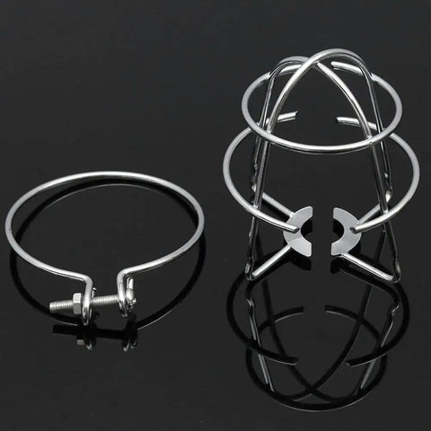 Heavy Duty Iron Cage Guard Universal Fire Sprinkler Head Protector Set showing two silver iron sprinkler cages for protection.