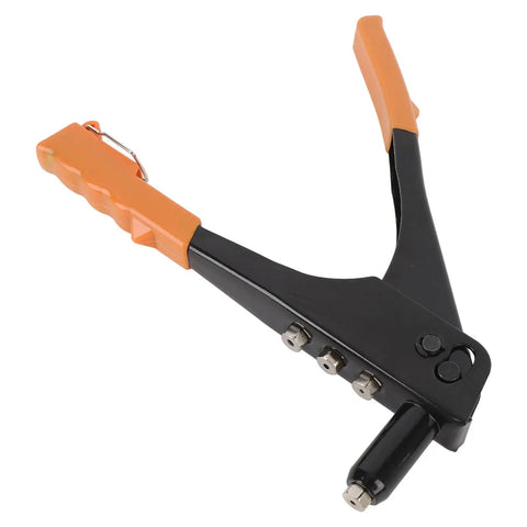 Heavy Duty Rivet Tool Kit With 120 Rivets For Metal And Plastic High Strength Pop Riveter Set shown with black and orange handles.