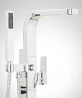 Hibiscus Straight Up Modern Freestanding Tub Faucet Forged From Solid Brass Featuring Integrated Hand Shower On Flex Hose.