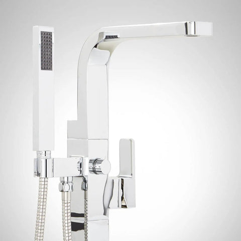 Hibiscus Straight Up Modern Freestanding Tub Faucet Forged From Solid Brass Featuring Integrated Hand Shower On Flex Hose.