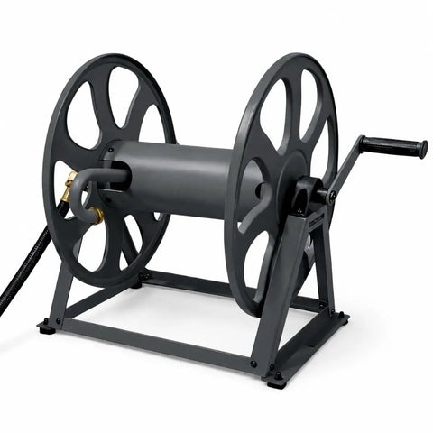 Beefy Heavy-Duty Garden Hose Reel With 200 Ft Capacity, Dual Floor Or Wall Mount, All Metal Hose Organizer, Graphite Finish