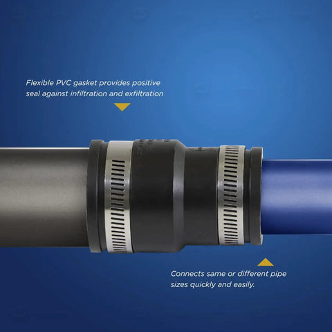 Flexible PVC Reducing Coupling With Stainless Steel Clamps For Two Inch To One And A Quarter Inch DWV Pro Grade Piping Connector Fits cast iron pipe