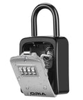 Key Safe Box For Home And Outdoors With 4 Digit Combination Locks, Waterproof Key Lock Box Holds Up To 5 Keys, Removable Shackle, indoor outdoor use, easy code setup, no more hiding keys under the mat silver with open cover showing keys and wet droplets