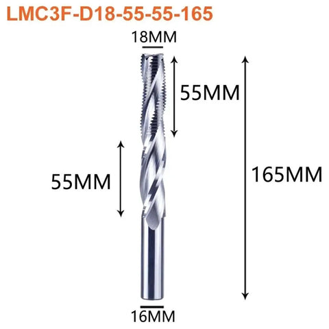 Rugged 18mm CNC Up Cut Spiral End Mill With Three Flute Carbide Blades For Fast Woodworking Door And Window Routing, 165mm long, used for precise wood routing.