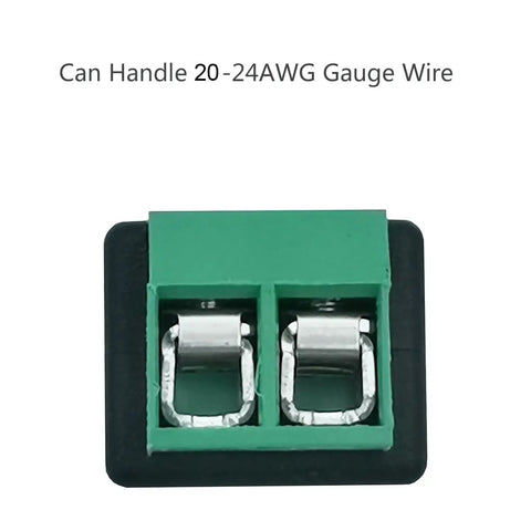 Plug To Speaker Wire Adapter With Screw Terminal Connector 4 Pack Solderless Connectors For 20 24 AWG Wire No Solder Needed For Quick Speaker Installations CCTV Microphones Or Cameras. Screw-terminal adapter for 20-24 AWG wire, black and green plastic, front view