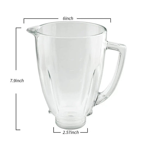 6 Cup Glass Jar With Blade Replacement Part Kit For Oster Blenders Includes Lid Gasket Bottom Cap And 6 Fin Blade Fits Most Standard Oster Models Not Pro Master Versa displayed with dimensions.