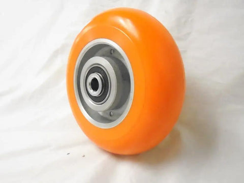 Heavy Duty Kingpinless Swivel Casters Set Of Four With Solid Foot Brakes 6 Inch Orange Polyurethane Wheels close-up of a single wheel