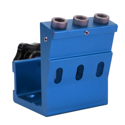 Close-up of Straight Shooting Aluminum Pocket Hole Drill Guide Dead On Woodworking Jig and Compact Hole Punch Locator For Solid Furniture Assembly And Easy DIY Builds In Blue