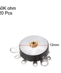 50K Rotary Potentiometer With Switch, Single Turn Carbon Film Variable Resistors RV12MM, 20 Pack, 5 Terminal, view showing terminals