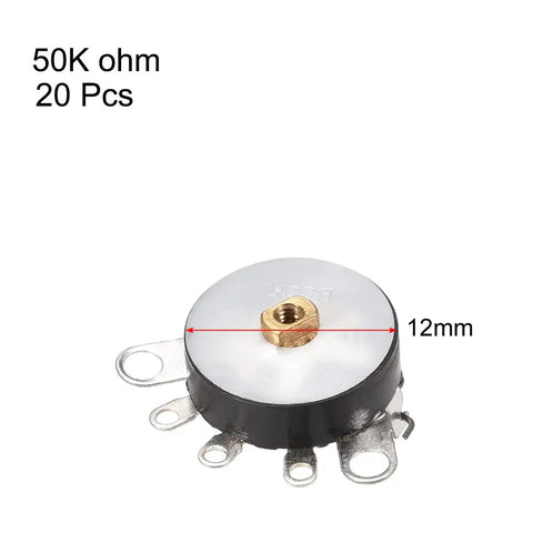 50K Rotary Potentiometer With Switch, Single Turn Carbon Film Variable Resistors RV12MM, 20 Pack, 5 Terminal, view showing terminals