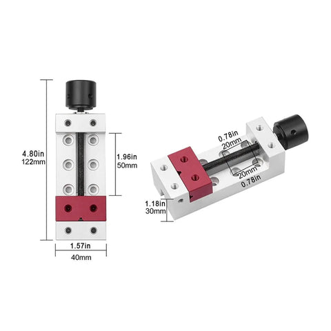 Pro Grade Compact Aluminum Flat Nose CNC Vise For Desktop Woodworking And DIY Carving, 50mm Clamp Range with dimensions