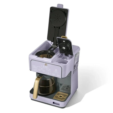 Total Game Changer Multi Brew Coffee Maker 12 Cup Glass Carafe with open lid showcasing brew mechanism and lavender finish.