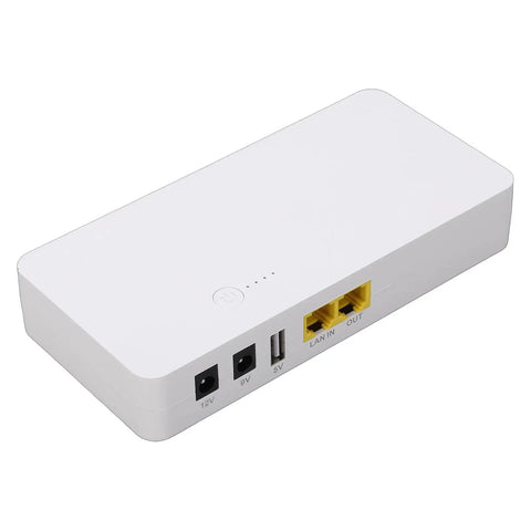 Compact 8800mAh UPS Battery Backup With PoE 24V DC Output for routers, modems, CCTV, showing ports and indicator lights.