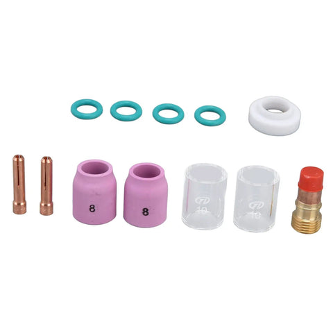 Heavy Duty 12 Pc Tig Welding Accessory Kit With Gas Lens Ceramic Nozzle Collet Set includes copper tips and ceramic cups.