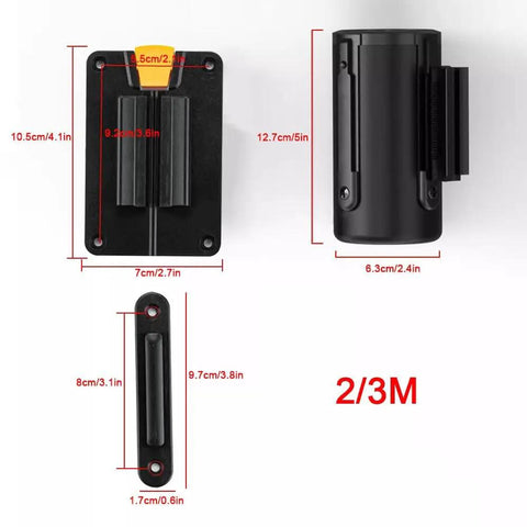 Slick Wall Mounted Retractable Warning Belt With Auto Magnetic Lock, Built Tough Five Meter Yellow And Black Barrier dimensions and parts layout.