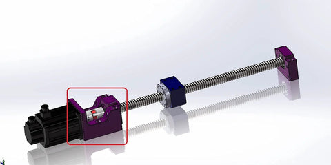 Side view of NEMA 23 stepper motor with purple steel mounting bracket and BK10 fixed-end supports for a 12mm ball screw kit