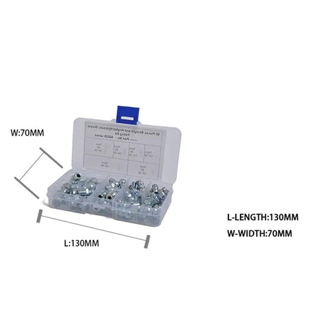 Must-Have Hydraulic Grease Fitting Assortment Kit, 50 Pieces, Sizes One Quarter Inch And One Eighth Inch, Electroplated Blue Zinc Finish