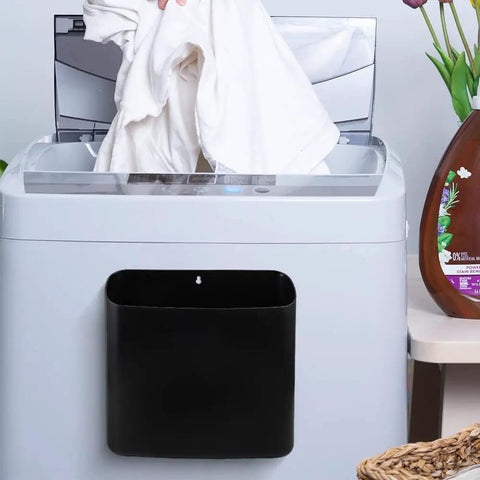 Black Magnetic Laundry Storage Bin with Large Lint Holder on washer, space-saving trash container for pet hair and lint collection.