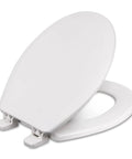 Round Toilet Seat With Heavy-Duty Wood Core And Scratch-Resistant Plastic Finish, white, showing durable comfort and secure hinges