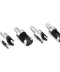 Top Shelf Four Piece Wooden Plug Cutter Set Forged From Heavy Duty High Carbon Steel For Knockout Countersink Plugs In 6Mm 10Mm 13Mm And 16Mm Sizes set of four cutters in various sizes on white background.