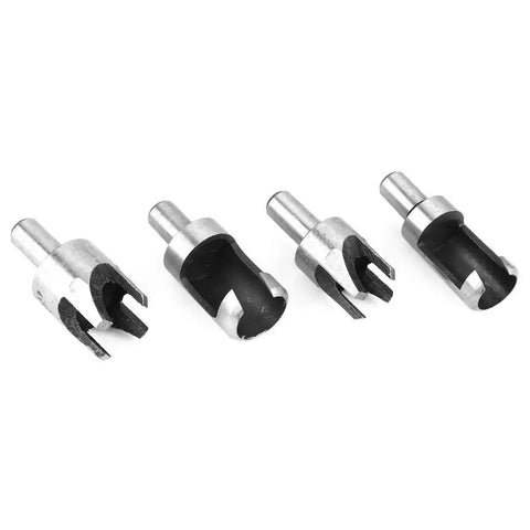 Top Shelf Four Piece Wooden Plug Cutter Set Forged From Heavy Duty High Carbon Steel For Knockout Countersink Plugs In 6Mm 10Mm 13Mm And 16Mm Sizes set of four cutters in various sizes on white background.