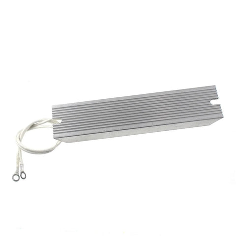 Aluminum‑case power resistor with ribbed heat sink, white wire leads and ring terminals