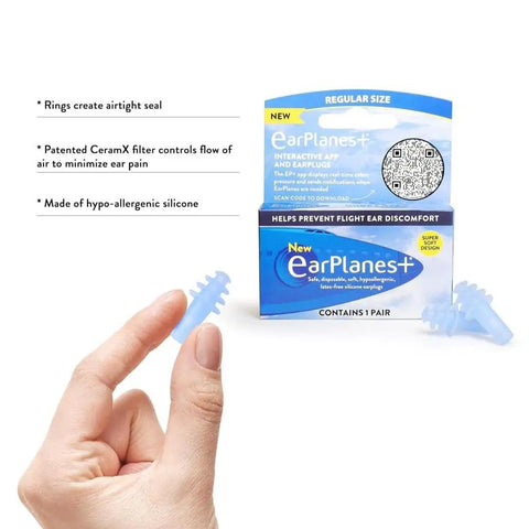 Hand holding EarPlanes Plus earplug next to box, Plus 3 Pairs Of Latex Free Earplugs For Flying Adult Size With CeramX Filter Technology