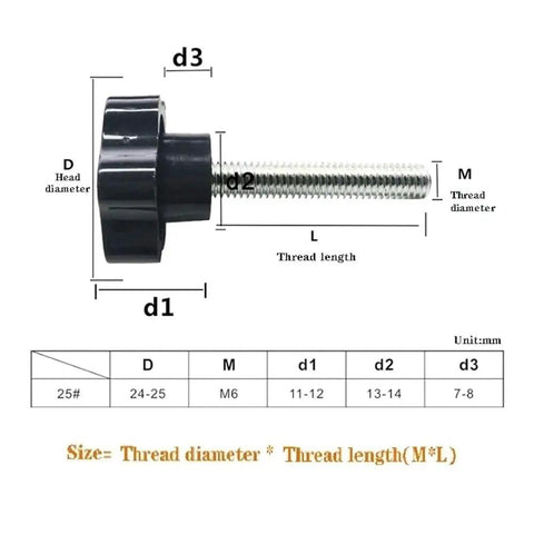 Five Pack M6 Star Head Thumb Screws Knurled Grip Knobs 25mm Long, Metal Galvanized Thumb Screws dimensions diagram