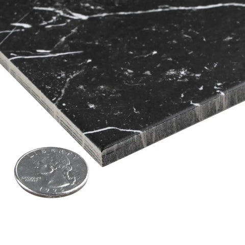 Close-up of Checkerboard Porcelain Floor And Wall Tile 17 7/8 Inch Square with 0.34 in thickness next to a quarter for scale.