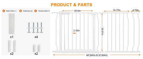 Diagram showing parts and dimensions of Extra Wide Baby Gate For Doorways And Stairs 48 To 53 Inches Wide, Walk Through Pressure Mounted Gate, 30 Inch Tall