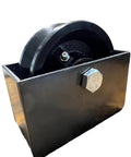 Beefy 4 Inch cast iron v-groove gate wheel in steel box.