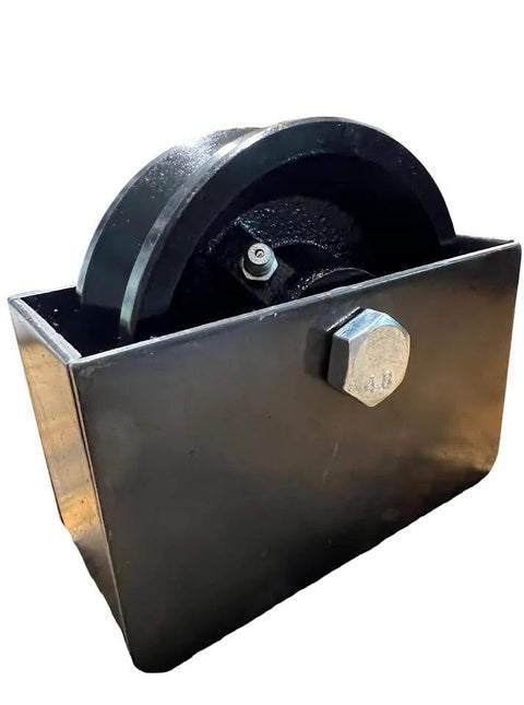 Beefy 4 Inch cast iron v-groove gate wheel in steel box.