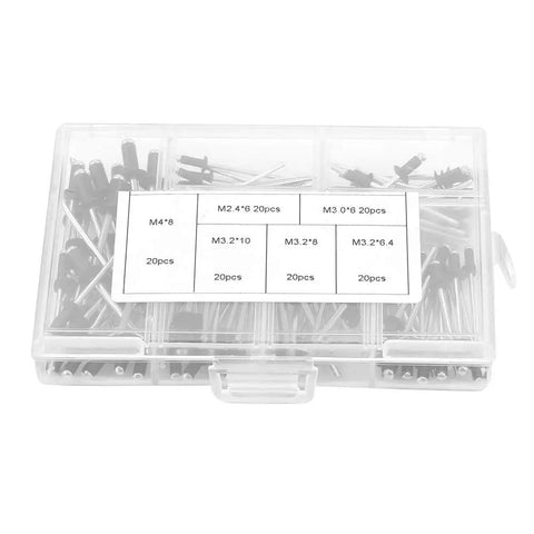Aluminum Blind Rivet Assortment Kit For Pneumatic And Manual Riveting Guns 120 Piece Set With Six Popular Diameters Heavy Duty Aluminum Fasteners For Quick Strong Installations Pro Grade, plastic case with labeled sizes
