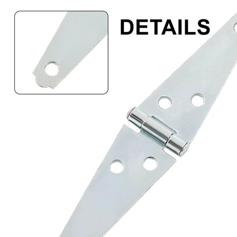 Close-up of heavy duty 3-inch strap hinge with surface mount screws, ideal for barn doors, cabinets, and marine use, durable metal 6 pack.