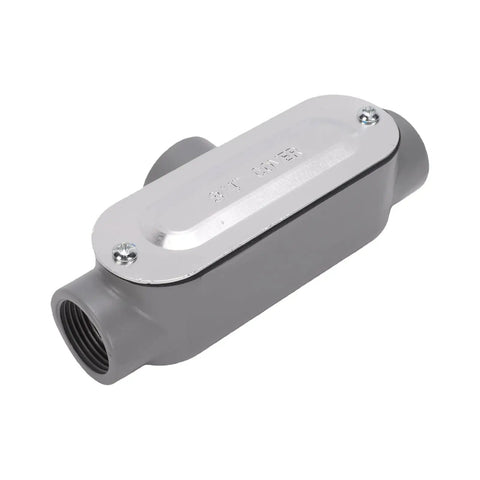 Dead Nuts Secure 3/4 Inch T Type Conduit Body In Heavy Duty Die Cast Aluminum with threaded ports and snap off cover.