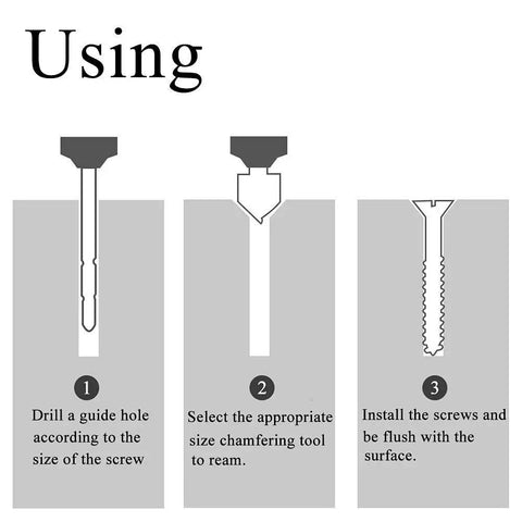 Instructions for using the 23 Pack Heavy Duty Woodworking Chamfer Drill Bit Set with countersink bits in three steps.