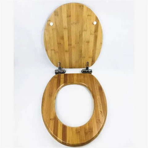 Heavy Duty Slow Close Solid Wood Elongated Toilet Seat With Natural Bark Finish Built Tough For Modern Bathrooms seen from above with lid raised.
