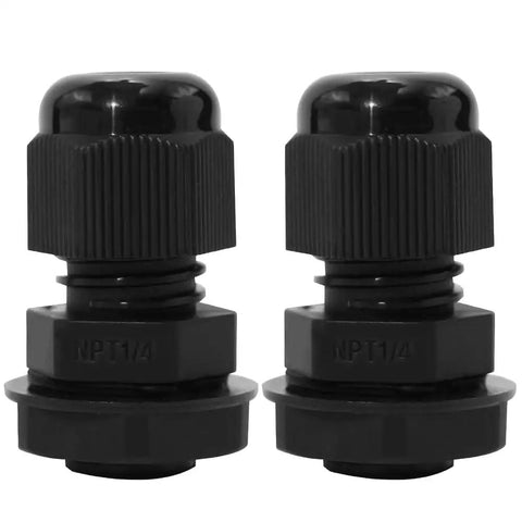 Two black 12 Pack Quarter Inch NPT Cable Glands IP68 Waterproof Nylon PA66 Strain Relief Seals for Outdoor Enclosures shown side by side.