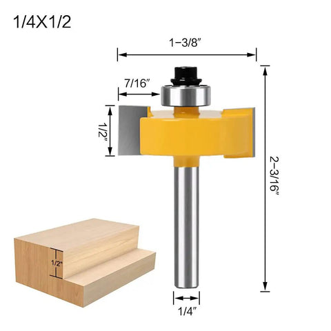Three Piece Rabbet Router Bit Set With Quarter Inch Shank And Six Interchangeable Bearings, dimensions labeled, DIY and pro use.