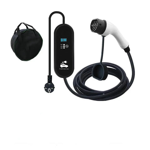 Heavy Duty Portable Ev Charger Type Two 16A Iec 62196 2 Evse Travel Cable with display, plug, and carrying bag for easy transport.