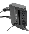 Six Outlet Surge Protector Power Strip With Three Rotatable Outlets Wall Tap Direct Plug In 1200 Joules Two USB Charging Ports Limited Warranty And Twenty Thousand Dollar Insurance Black, showing side view with plugged cables.